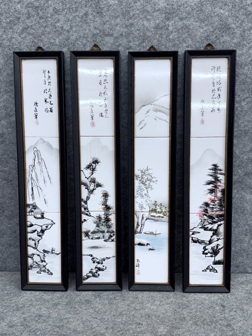 Vintage Japanese Hand-Painted Ceramic Tile Wall Art - Set of 4 Landscape Panels